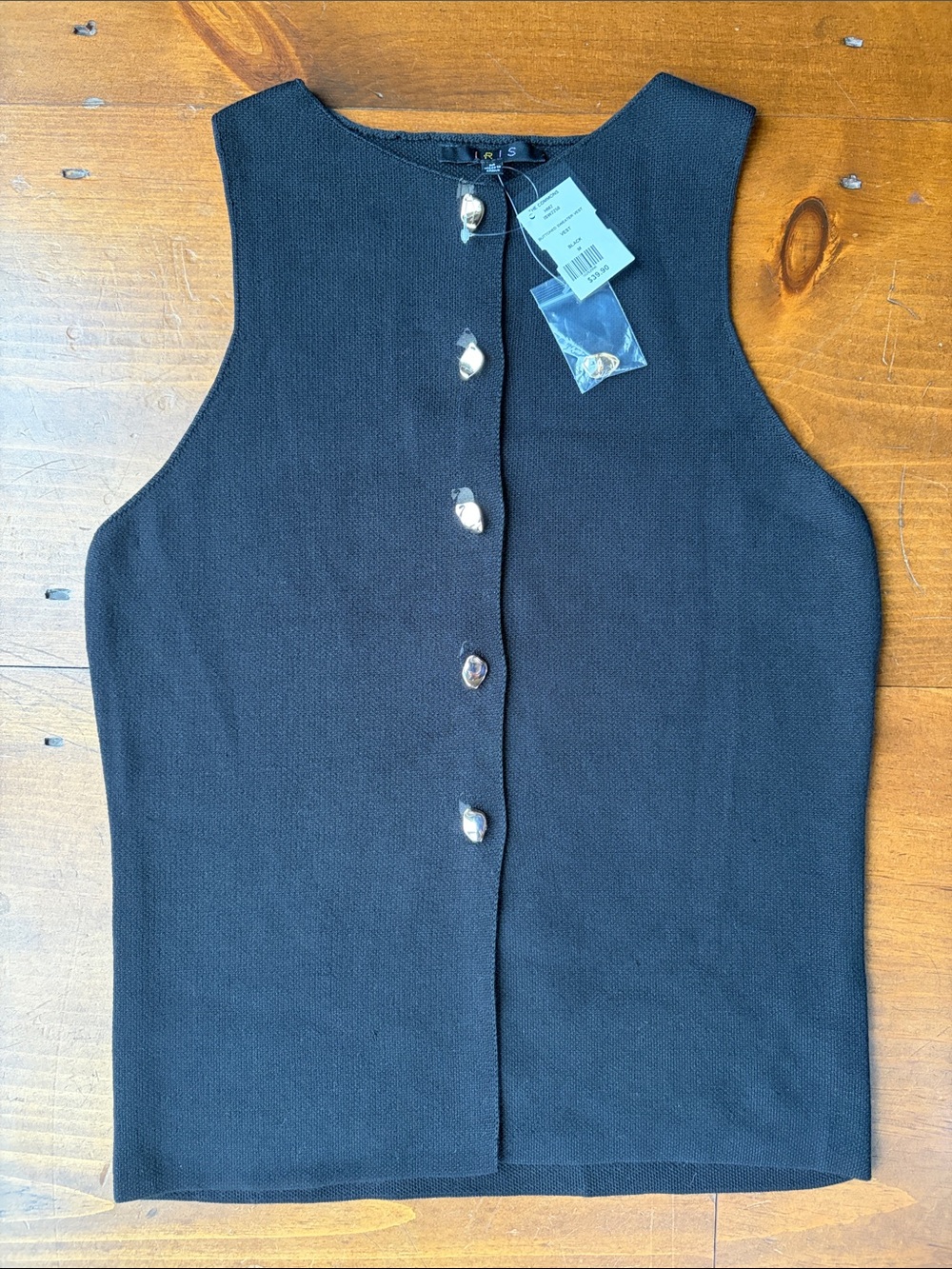 Iris Black Knit Button-Down Vest Sz M